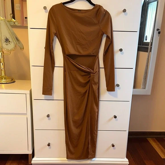 shein gold dress long sleeve SHEIN Women's Fashion V-Neck Long Sleeve Elegant Butter Yellow Solid C |  Dress main image 0